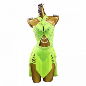 Custom size Fluorescent yellow competition latin dance dresses for girls kids Tassel skirt flower costume art examination solo national standard samba